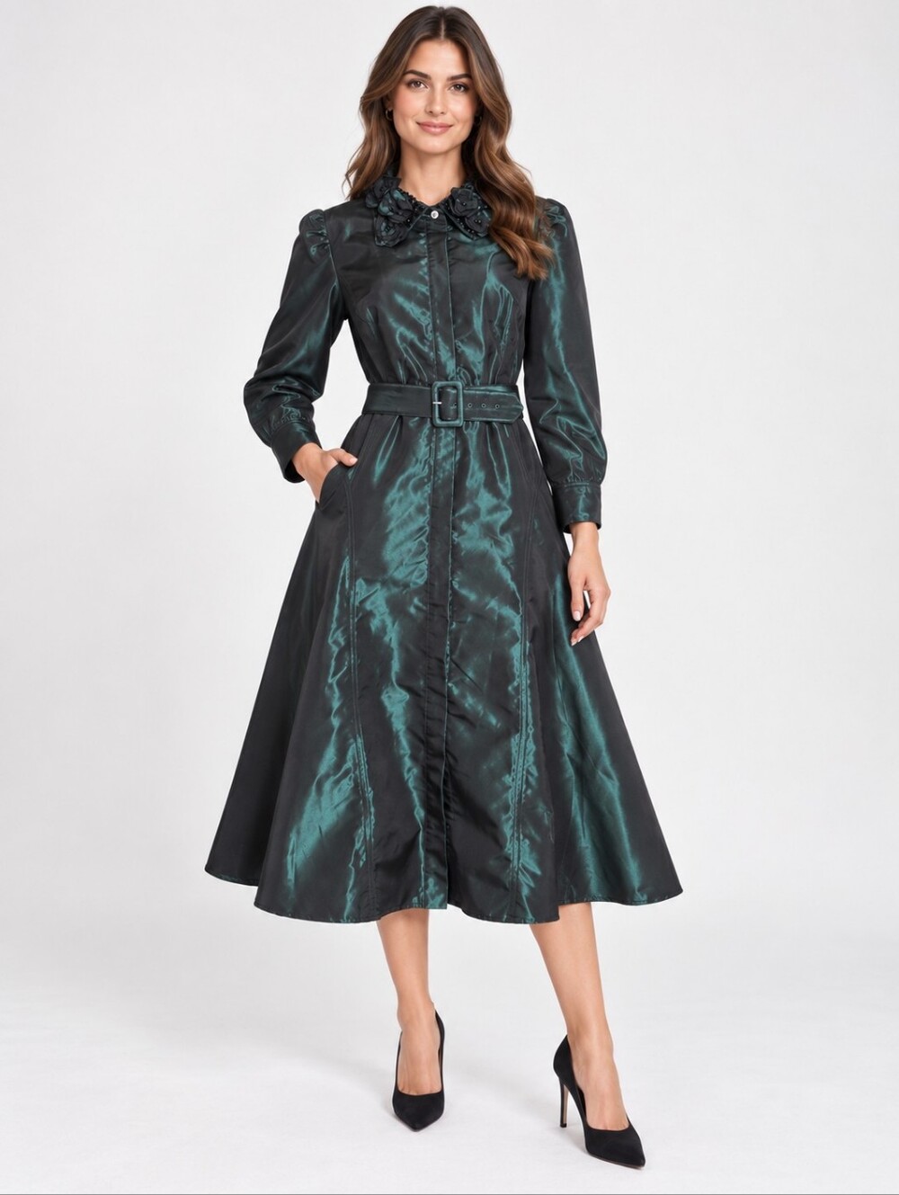 Rickie Freeman Teri Jon Taffeta Green Belted Shirt Dress Formal Evening Gown 14